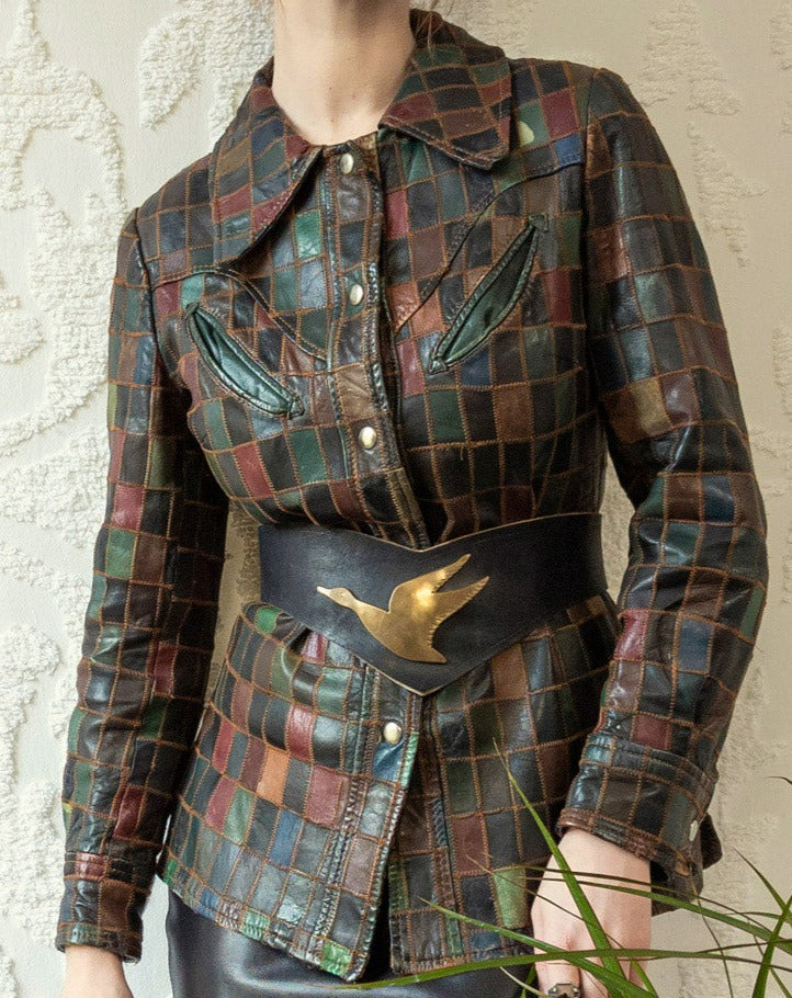 70s Muted Rainbow Patchwork Leather Jacket