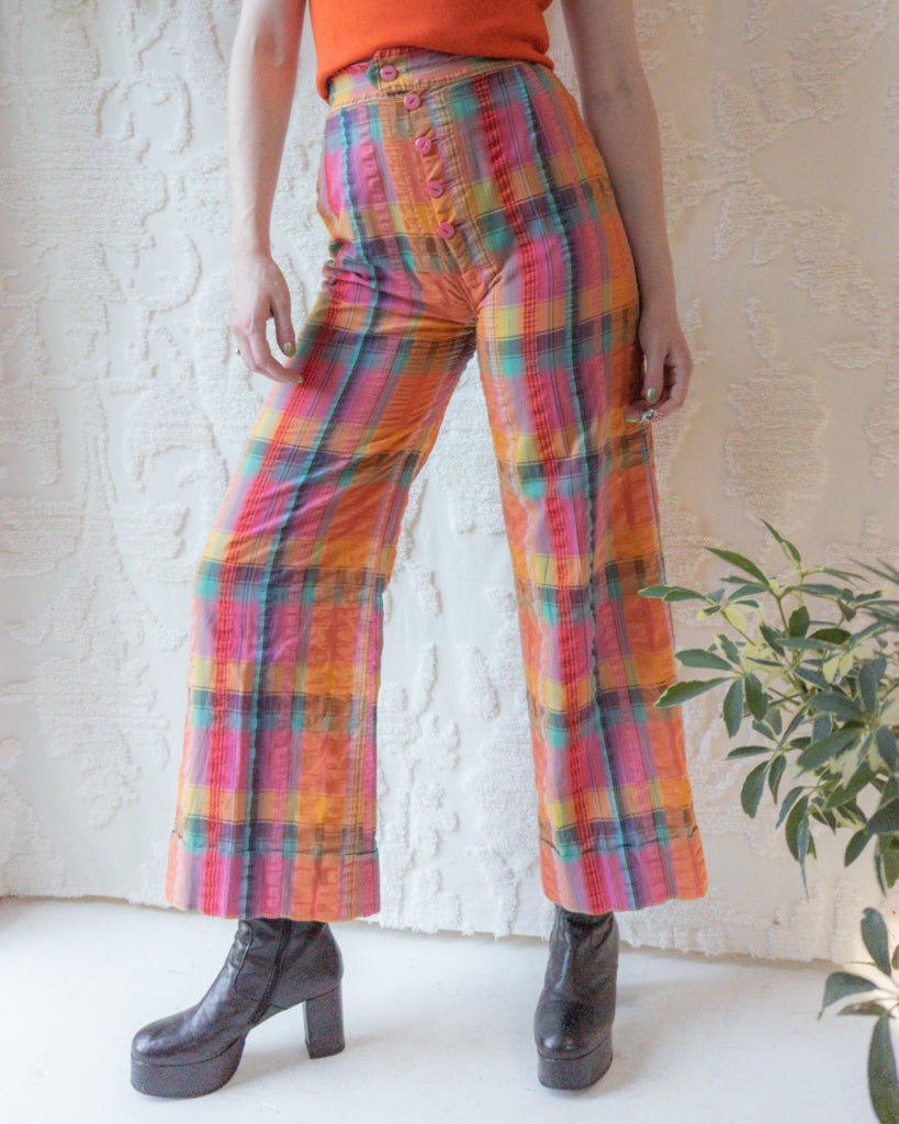 70s Textured Seersucker Cotton Bellbottoms