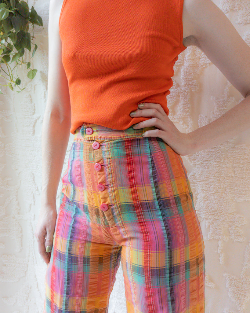 70s Textured Seersucker Cotton Bellbottoms