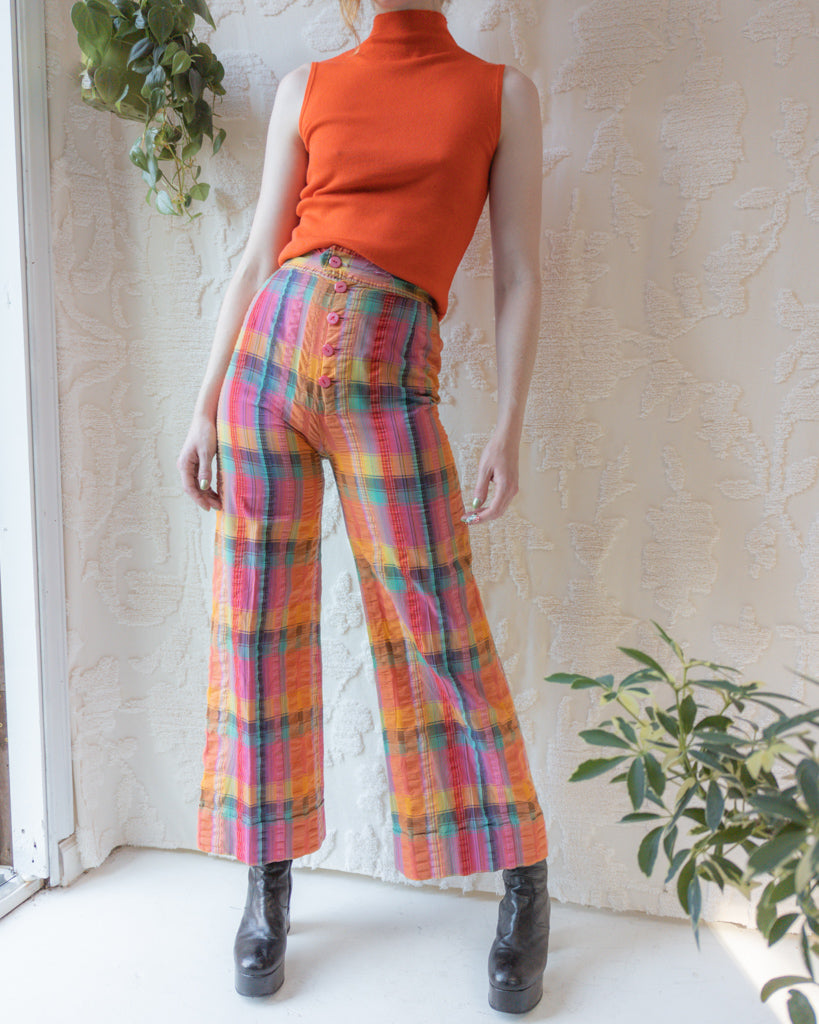 70s Textured Seersucker Cotton Bellbottoms