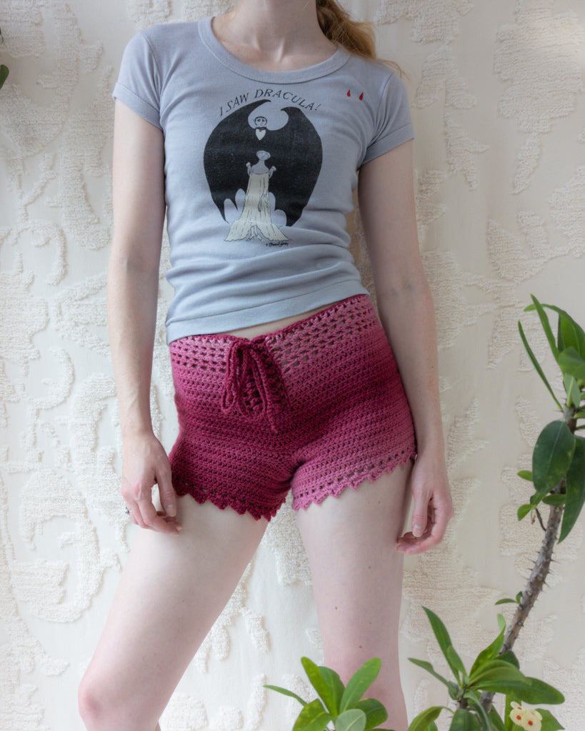 70s Raspberry Ombre Crochet Shorts