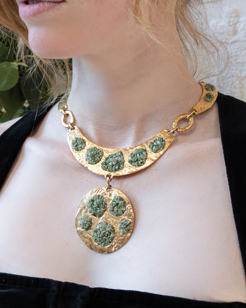 70s Hammered Gold Jade Chunk Statement Necklace