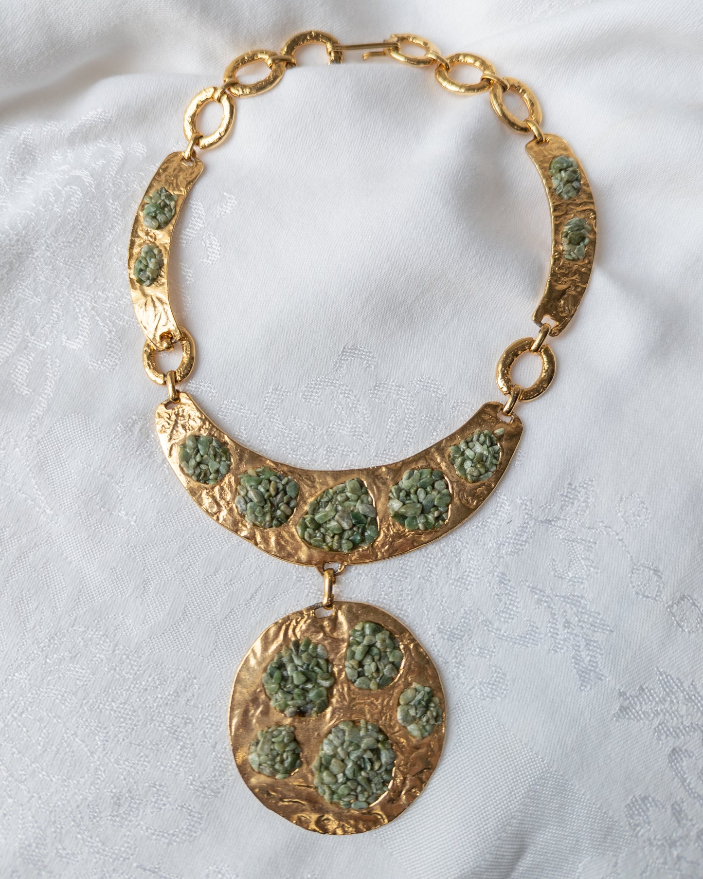 70s Hammered Gold Jade Chunk Statement Necklace