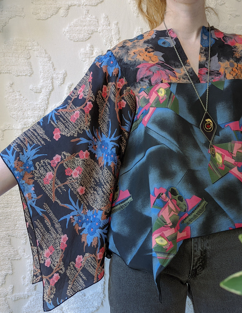 70s Colorful Mixed Print Scarf Top
