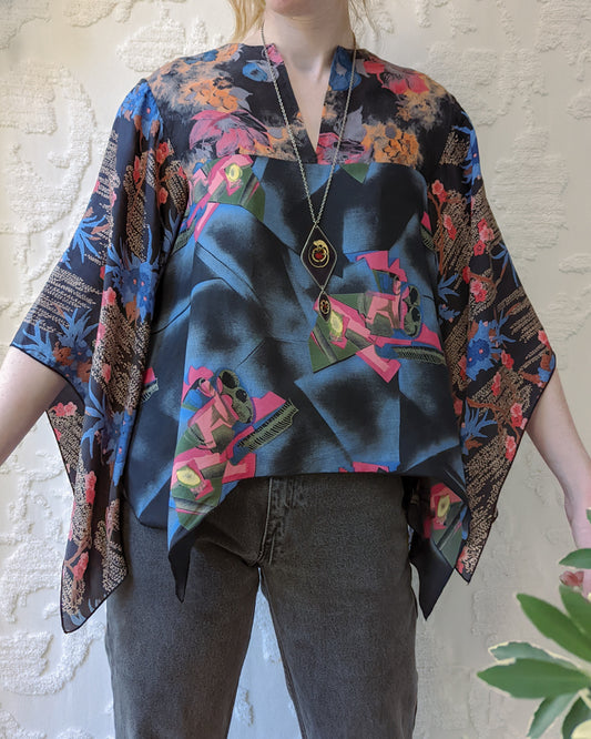 70s Colorful Mixed Print Scarf Top