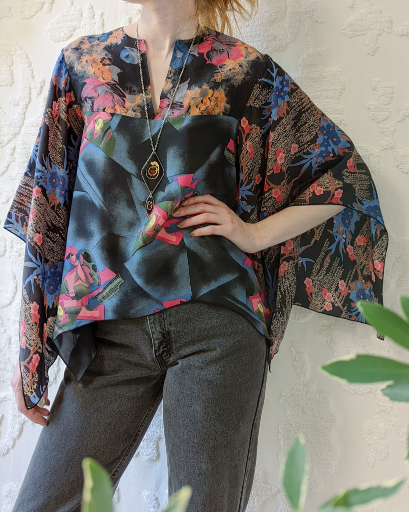 70s Colorful Mixed Print Scarf Top