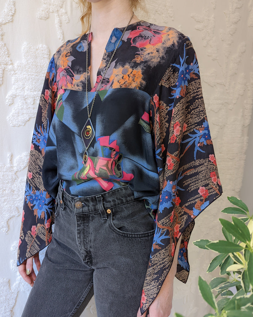 70s Colorful Mixed Print Scarf Top