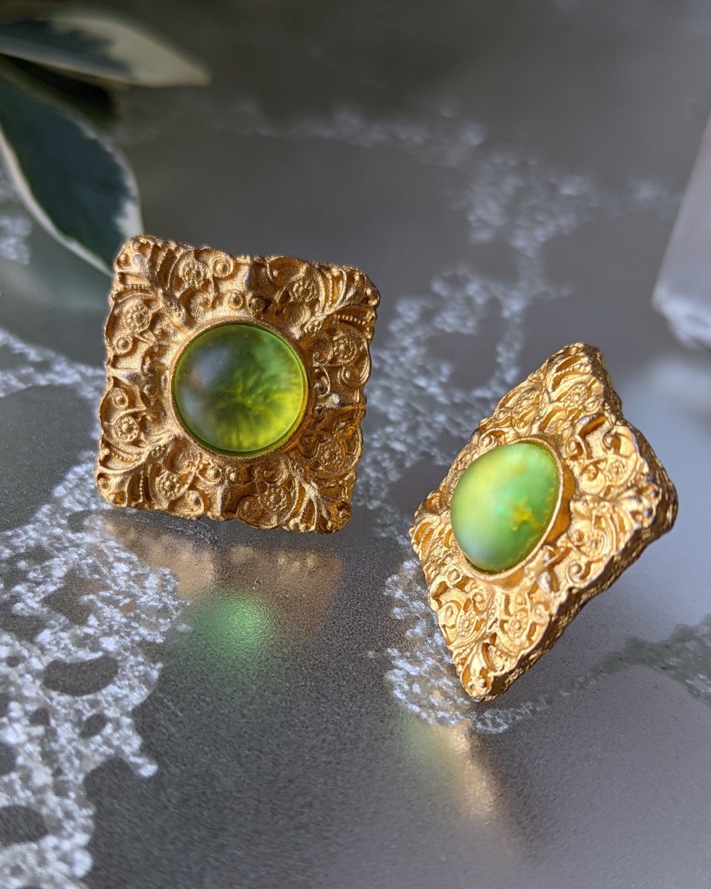 90s Gold & Frosted Glass Cab Square Earrings