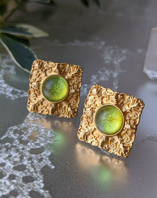90s Gold & Frosted Glass Cab Square Earrings