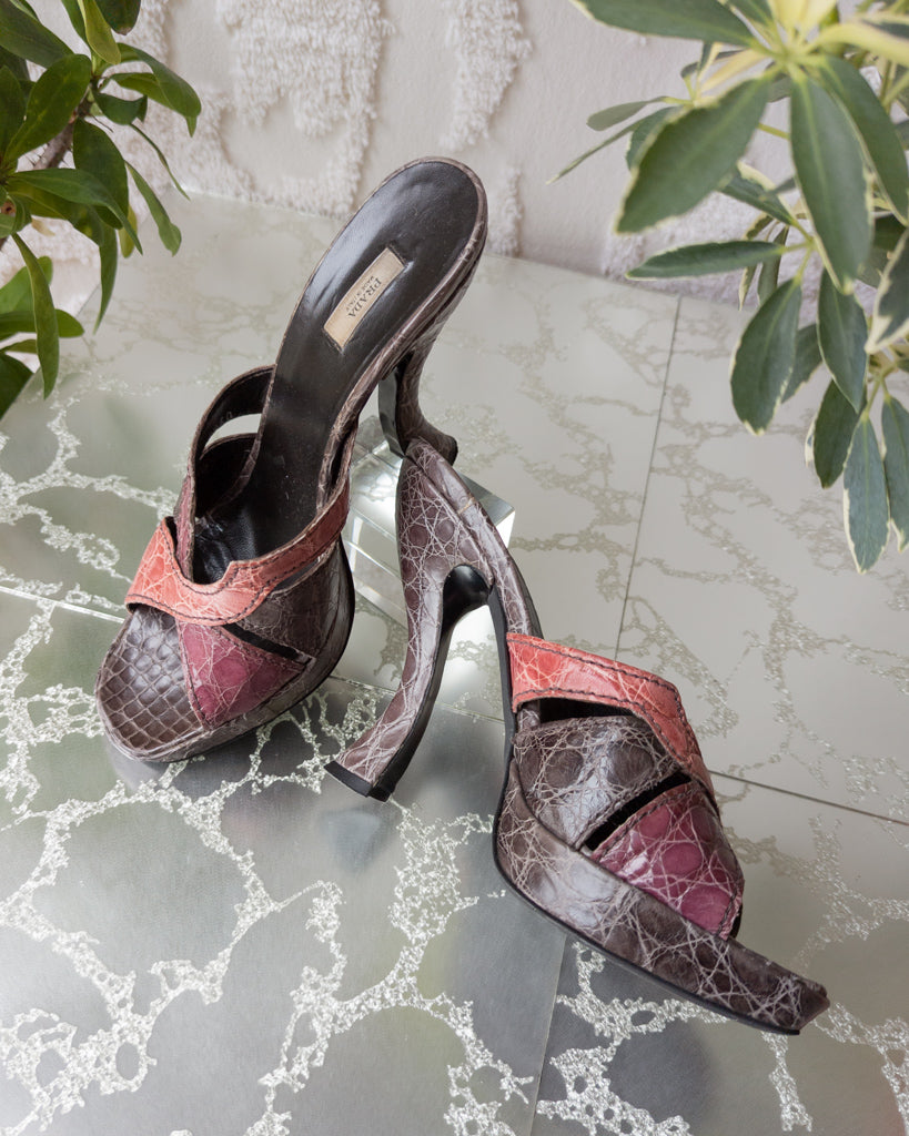 90s Prada Crocodile Embossed Platform Sandals Neurotica Vintage
