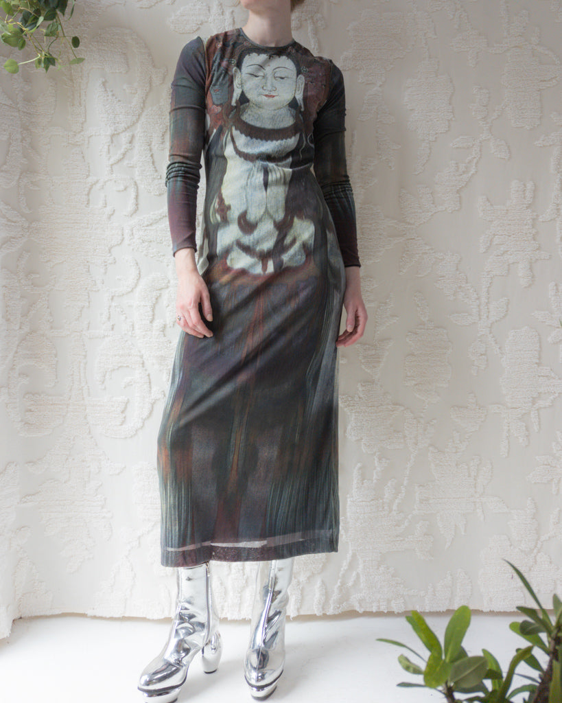 90s Vivienne Tam Kuan Yin Printed Mesh Dress