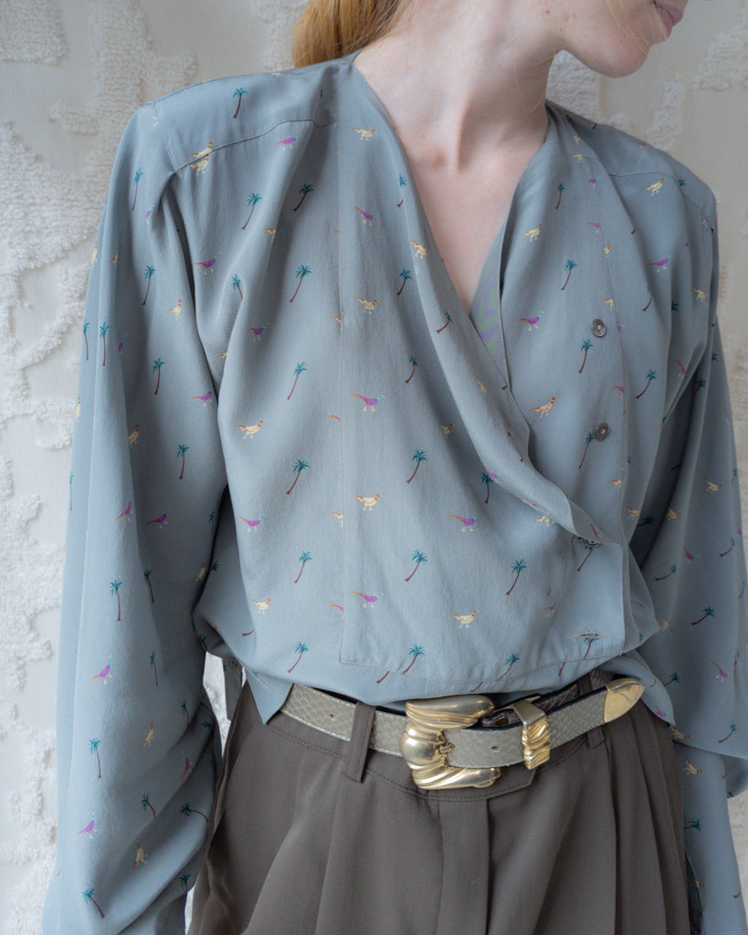 1980s Krizia Novelty Print Silk Blouse / M