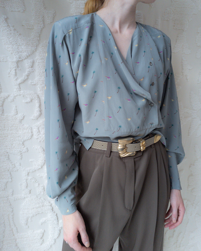 1980s Krizia Novelty Print Silk Blouse / M