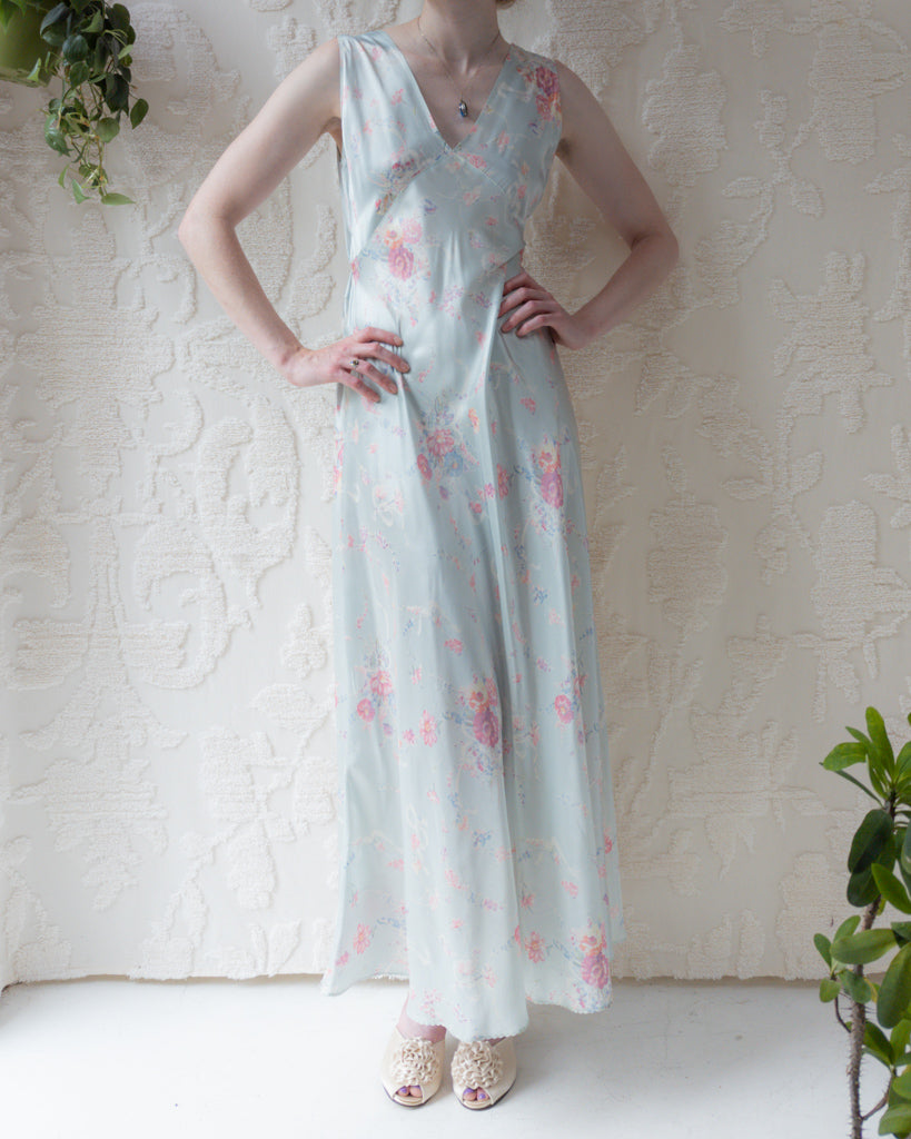 30s Floral Rayon Bias Cut Slip Dress