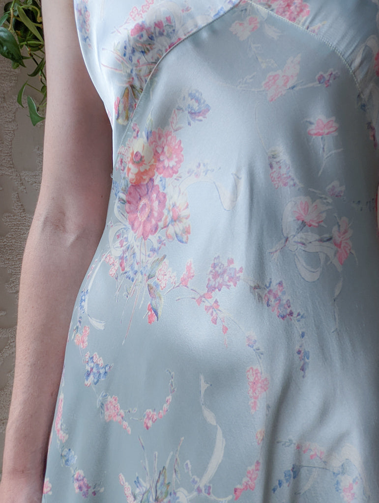 30s Floral Rayon Bias Cut Slip Dress